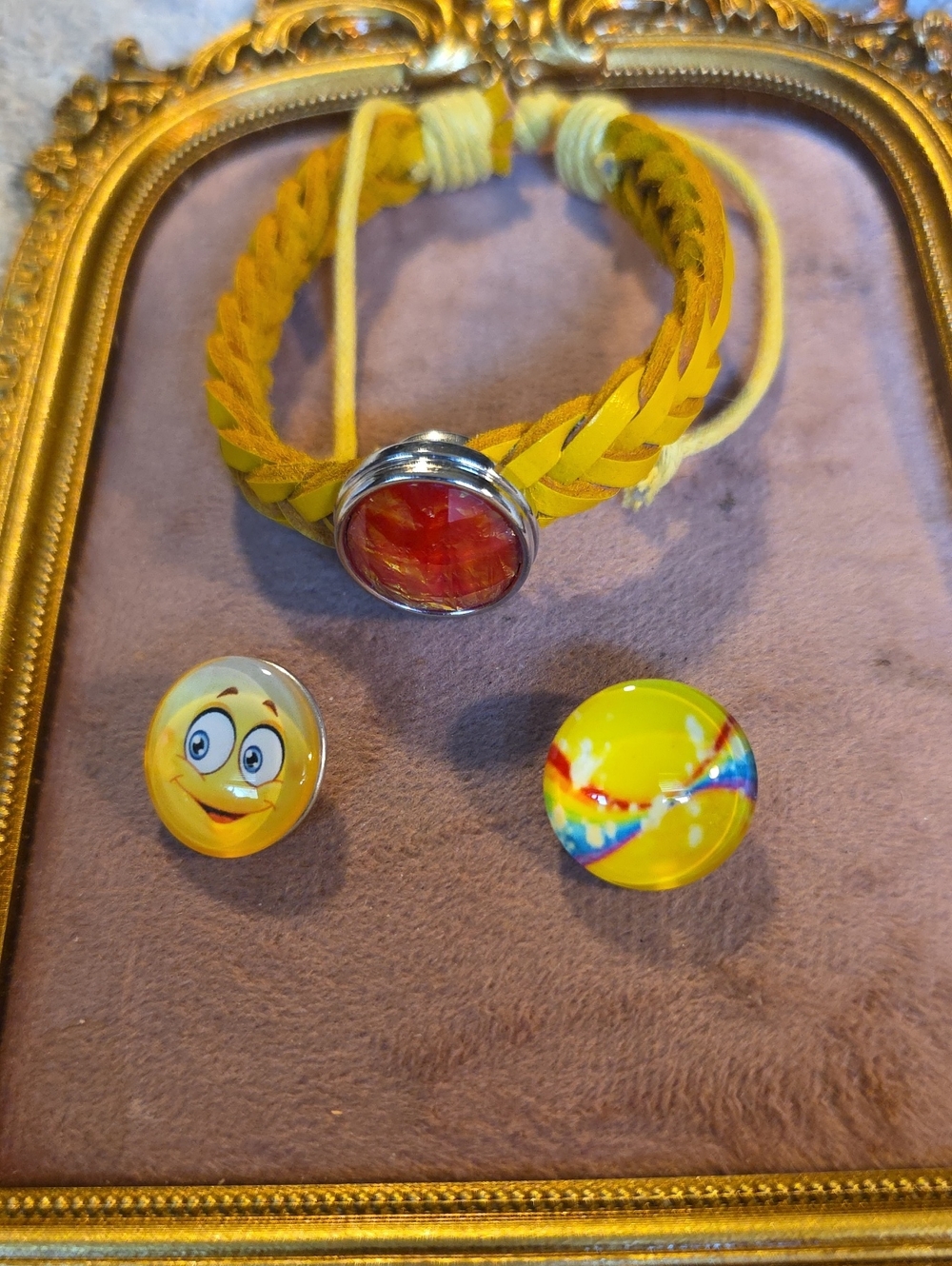 Yellow Braided Leather Snap Bracelet Set with 3 Charms